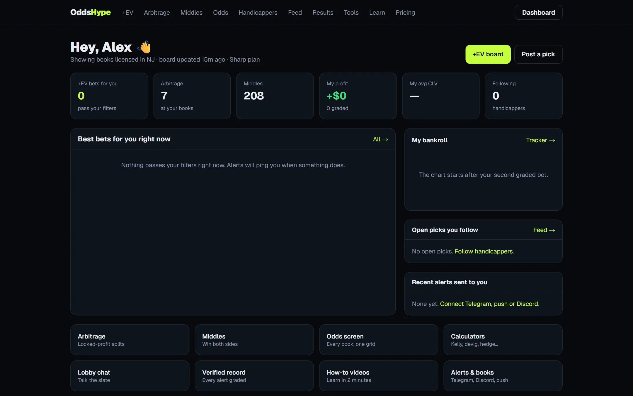 Personal dashboard with best bets, bankroll and followed picks